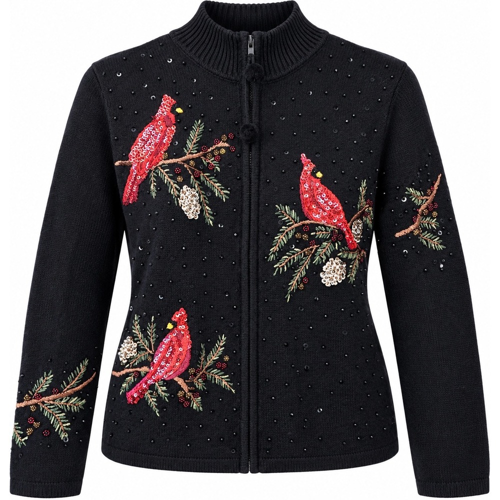 Casual Corner Annex Women's Medium Black Cardinal Sequin Embroidered Zip Sweater